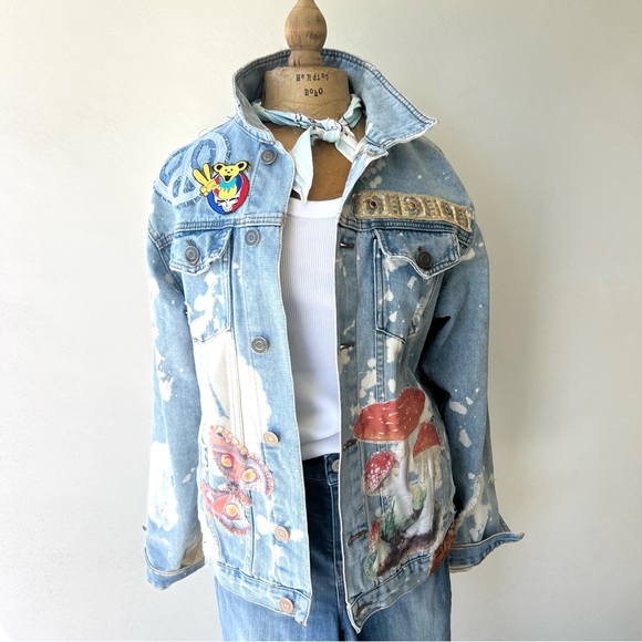 Festival concert jacket size Large, Artistic Denim Jacket with Colorful Patches - Picture 3 of 16